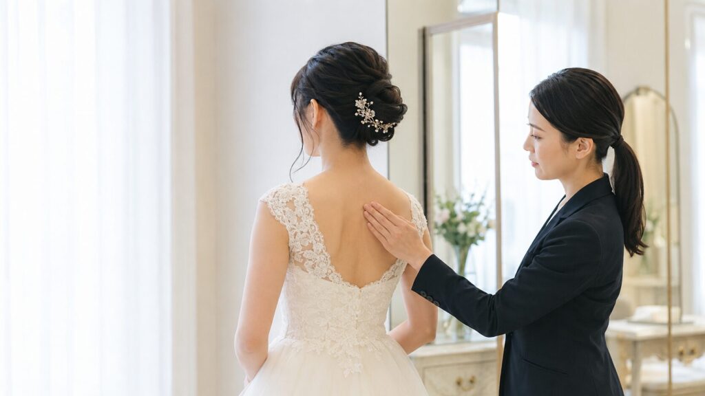 背中脱毛を検討する花嫁と背中の状態を確認する日本人女性スタッフ