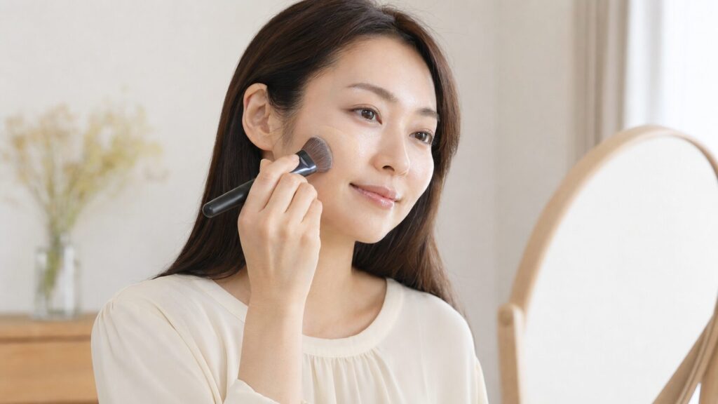 顔の産毛と化粧ノリを確認しながら頬にファンデーションを塗る日本人女性