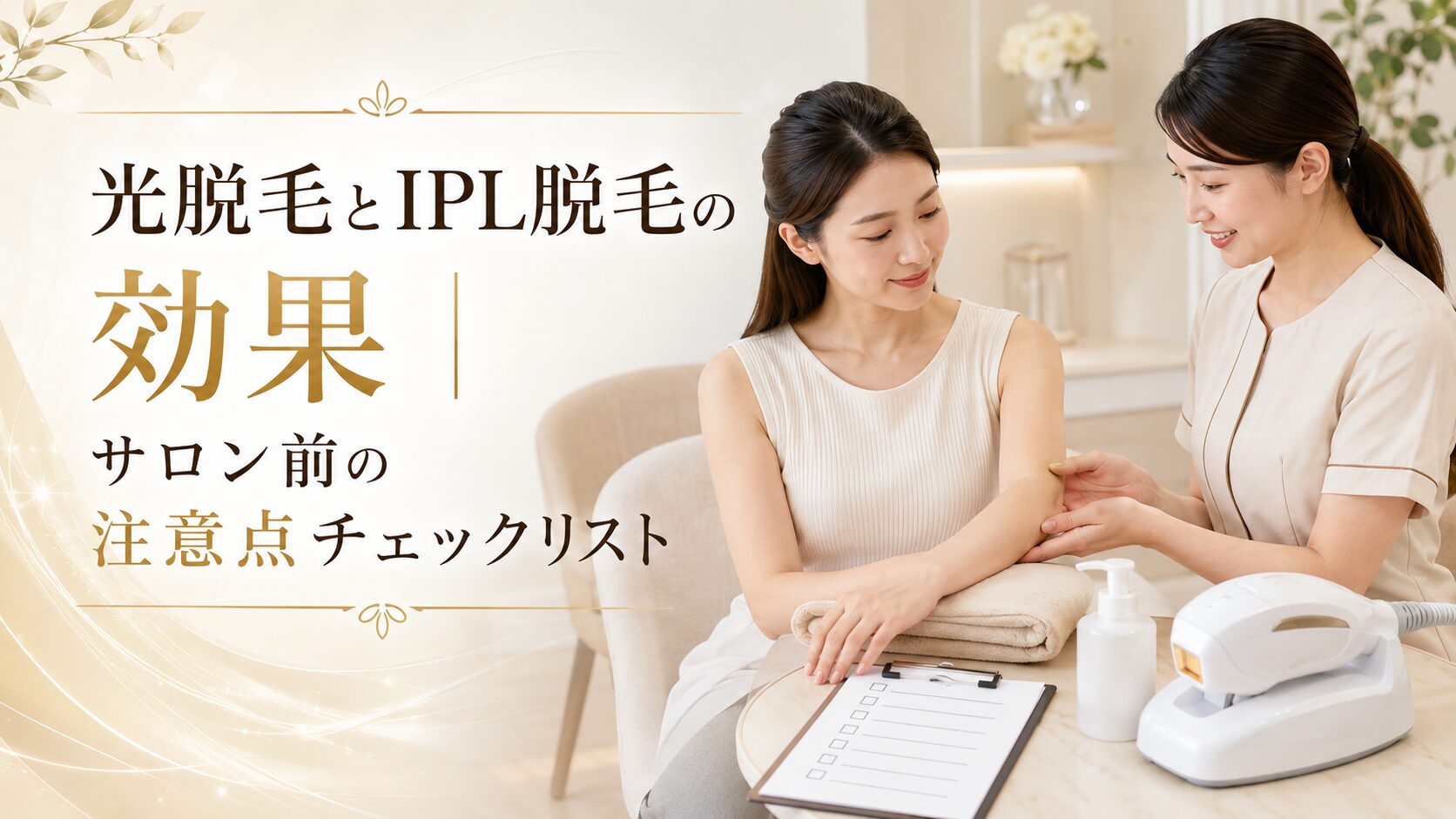 光脱毛とIPL脱毛の効果やサロン前の注意点を、日本人女性とスタッフのカウンセリング風景で表したアイキャッチ画像