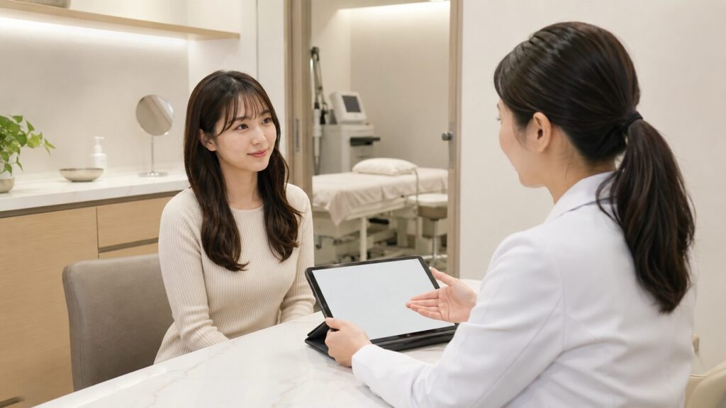 医療脱毛クリニックで全身脱毛の料金プランを相談する日本人女性