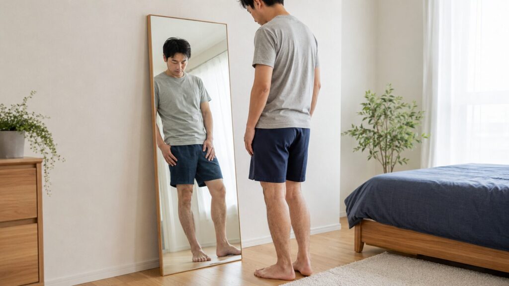メンズ足脱毛の仕上がりを鏡で確認する日本人男性