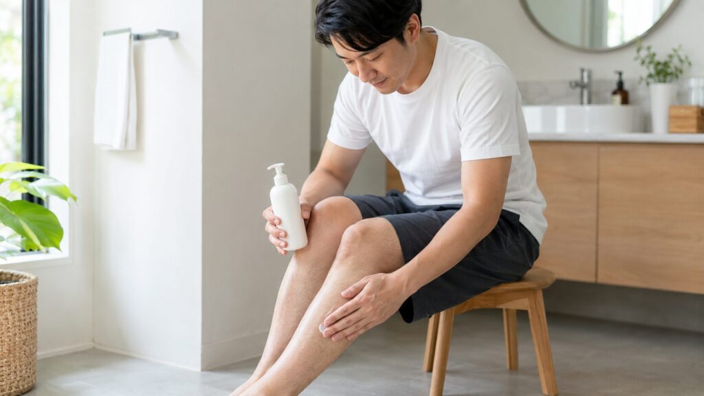 メンズ足脱毛後にすねへ保湿剤を塗る日本人男性