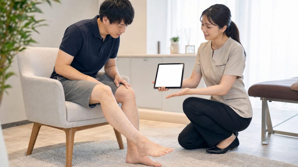 メンズ足脱毛の施術範囲をカウンセリングで確認する日本人男性