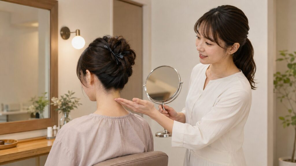 うなじ脱毛前に手鏡で自然な襟足の形を確認する日本人女性と施術者