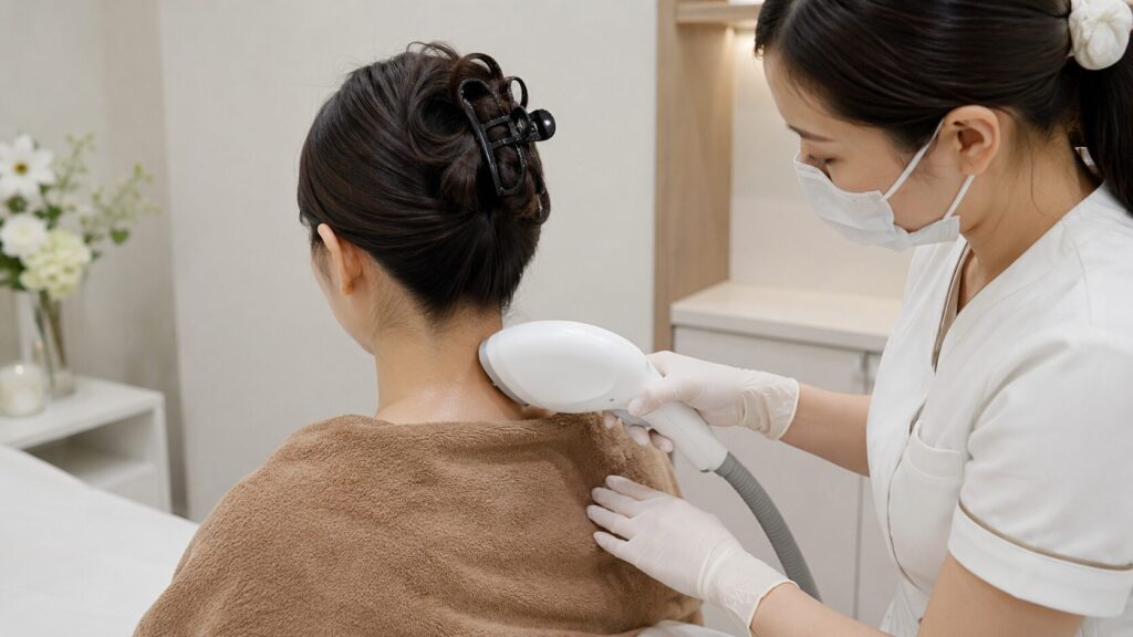 脱毛サロンで日本人女性のうなじに光脱毛を行う施術者
