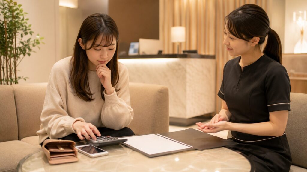 脱毛サロンで全身脱毛の総額や支払い方法を確認する日本人女性