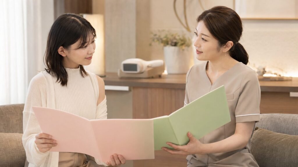 契約前に複数のプランを比較する日本人女性とサロンスタッフ