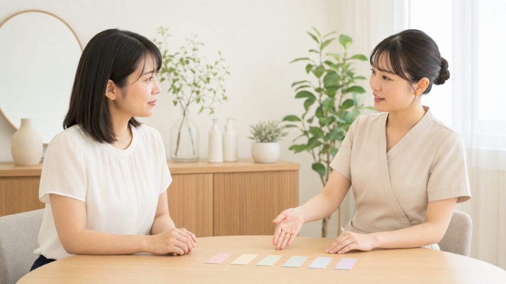 脇脱毛の必要回数と施術間隔を相談する日本人女性とサロンスタッフ