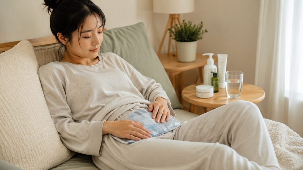 VIO脱毛後に衣類の上から冷却し保湿しながら安静にする日本人女性
