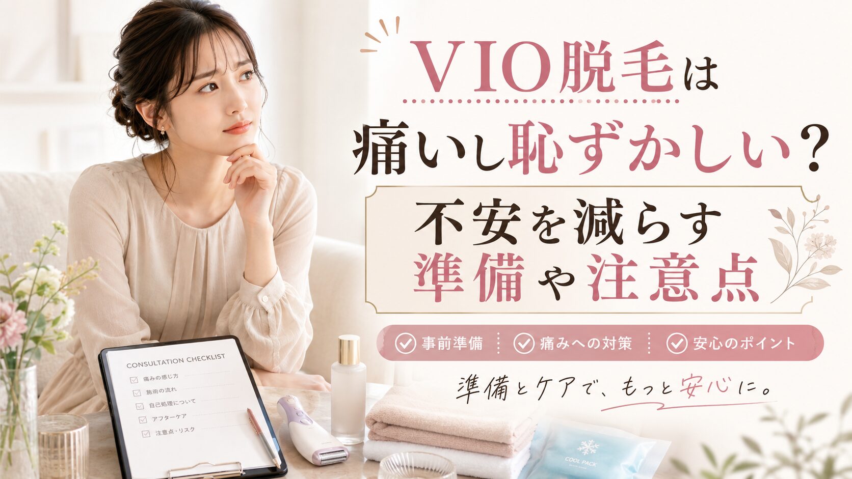 VIO脱毛の痛みや恥ずかしさに悩む日本人女性と、事前準備や注意点を紹介するアイキャッチ画像