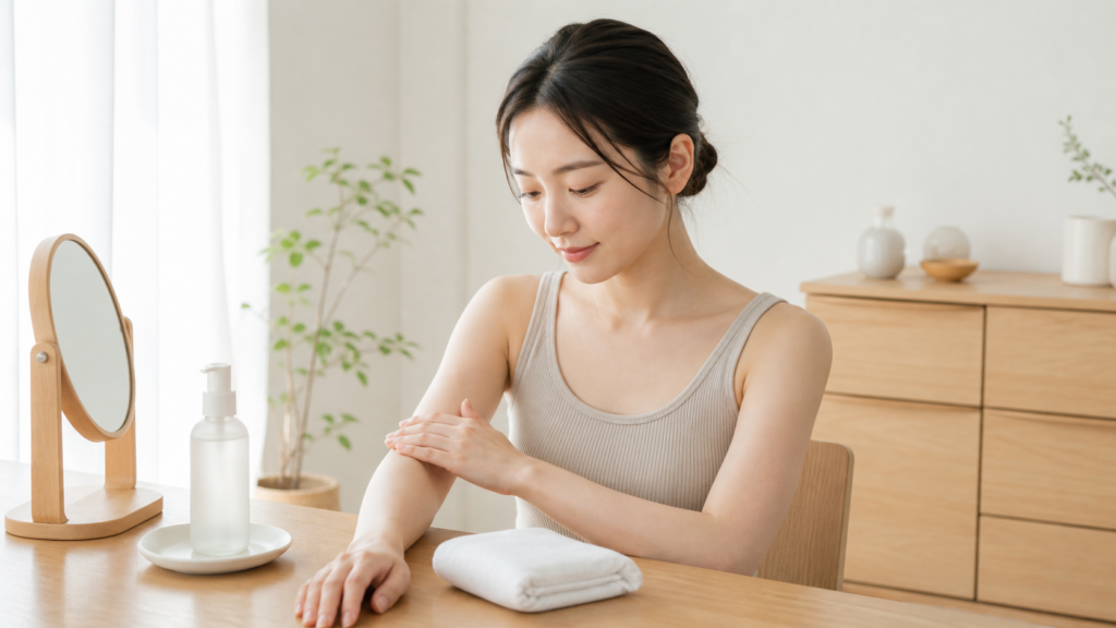 脱毛後の赤みや熱感を確認しながら腕を優しく保湿する日本人女性