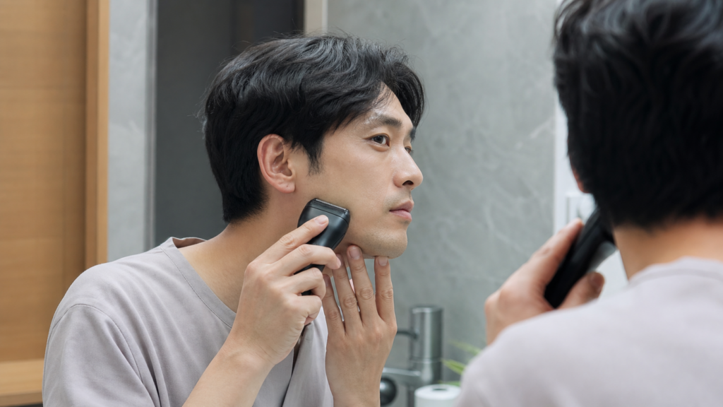 脱毛後の肌に電気シェーバーを押しつけず優しくひげを剃る日本人男性