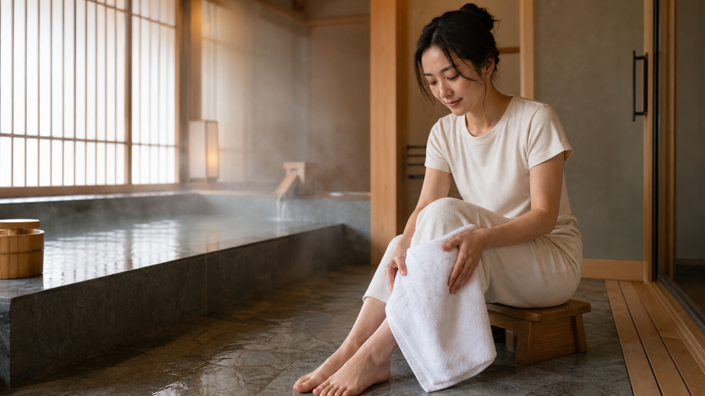 脱毛後の毛を引っ張らずタオルで脚の水分を優しく押さえる日本人女性