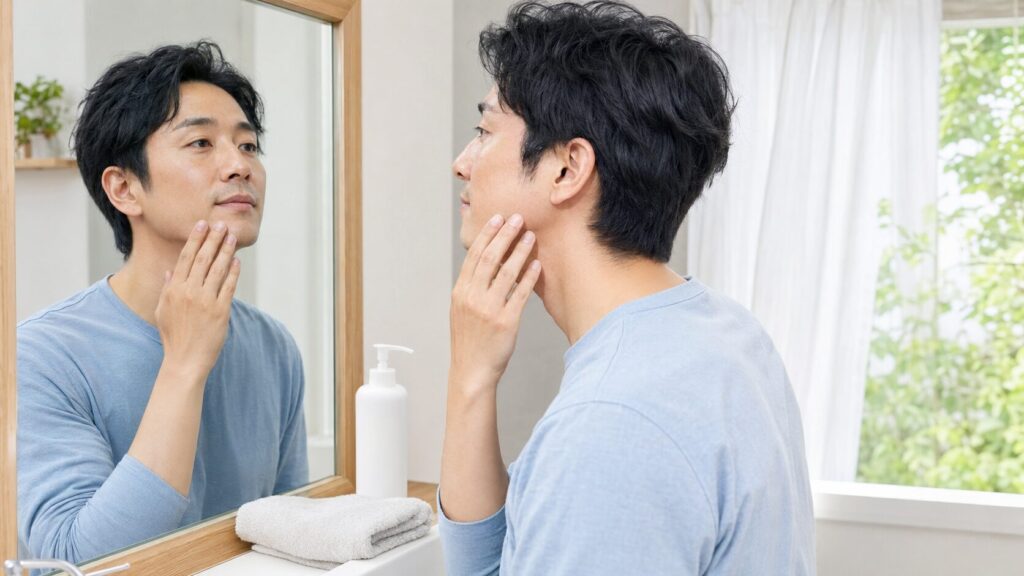 ヒゲ脱毛後に自宅であご周りを優しく保湿する日本人男性