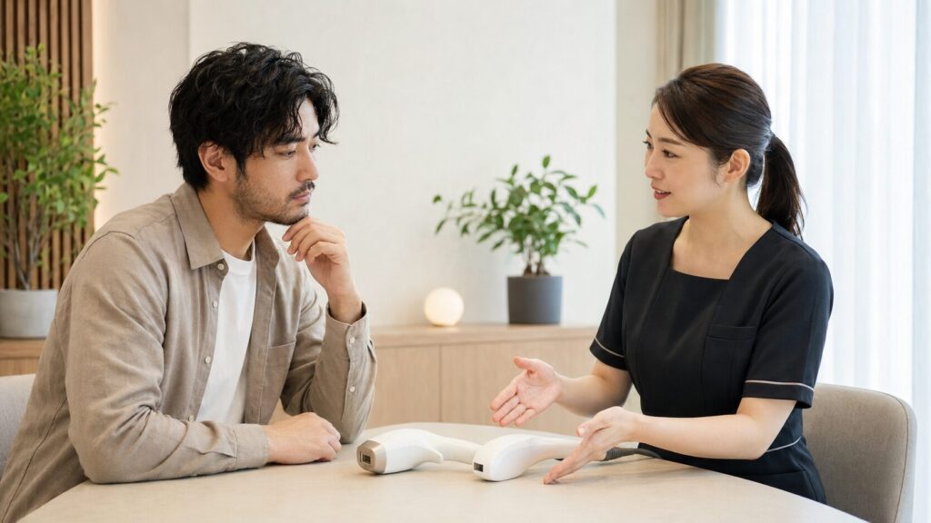 濃いヒゲに合う脱毛方法を相談する日本人男性と女性スタッフ
