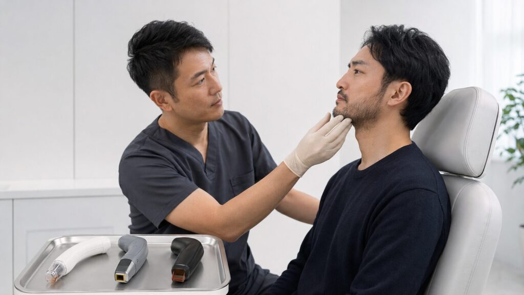 濃いヒゲの毛質を確認してレーザーの種類を選ぶ医療脱毛の診察