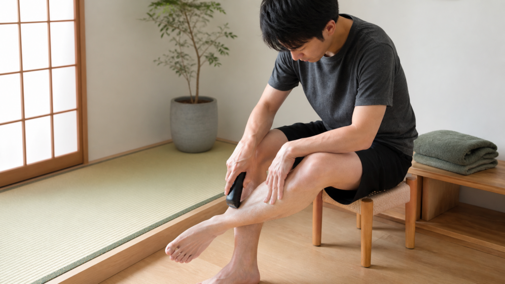 脱毛前に電気シェーバーで脚を優しく自己処理する日本人男性