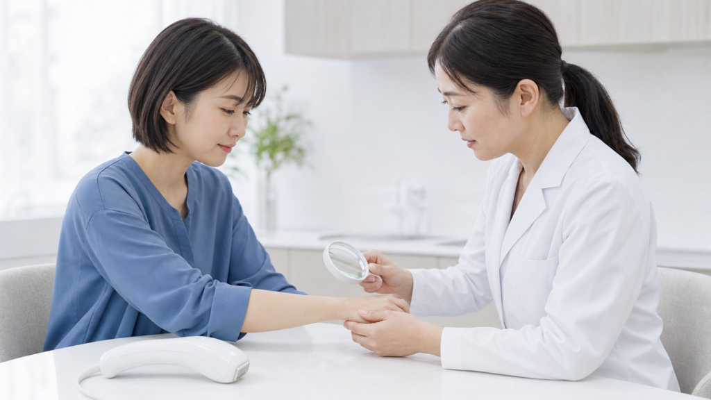 家庭用脱毛器の使用後に腕の毛質や肌の変化を日本人の皮膚科医へ相談する女性