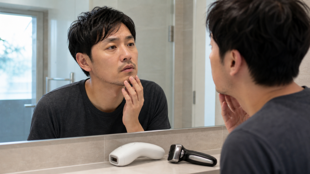 鏡で髭の残り方を確認する日本人男性と洗面台の家庭用脱毛器