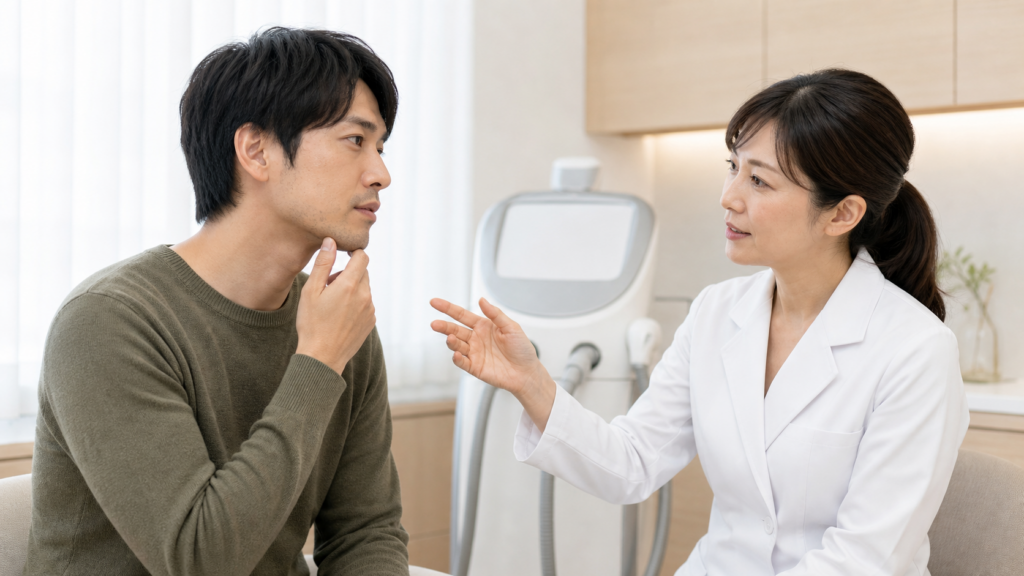 髭の医療脱毛への切り替えを日本人女性医師に相談する男性