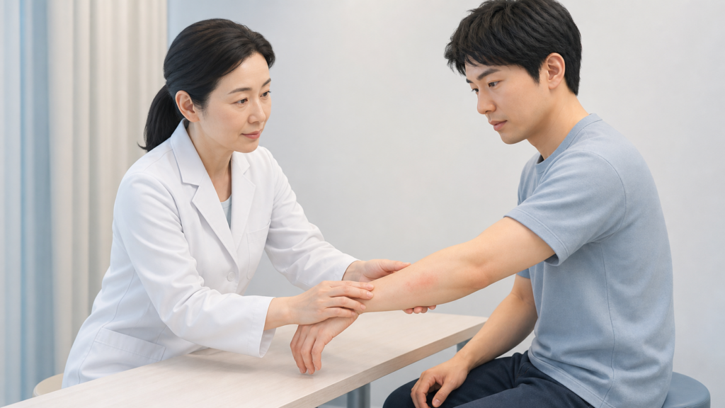 脱毛後の腕の赤みを日本人の皮膚科医に相談する男性