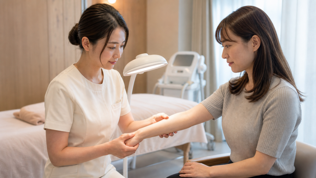 脱毛施術前に日本人女性の腕の肌状態を確認するサロンスタッフ