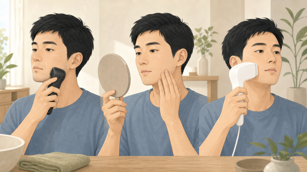 髭剃りと肌の確認後に家庭用脱毛器を密着させる日本人男性