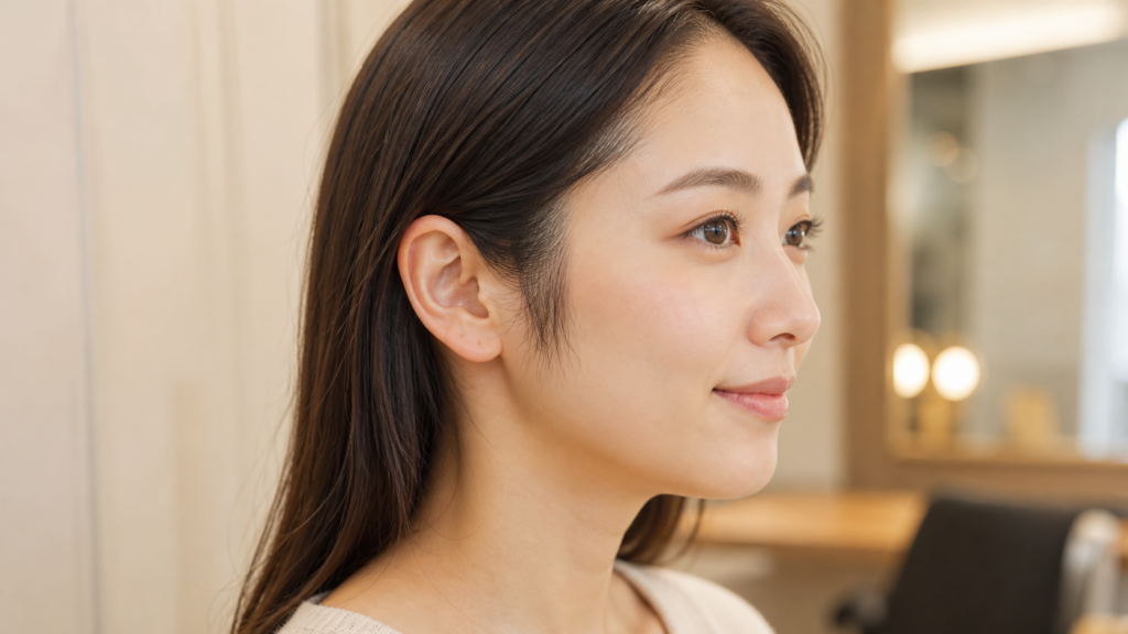 もみあげ脱毛の自然な先細りラインをイメージした日本人女性の横顔