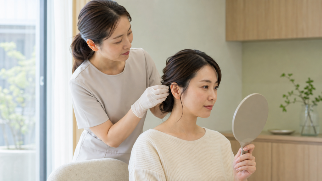 鏡を見ながらもみあげ脱毛の形を相談する日本人女性と施術者