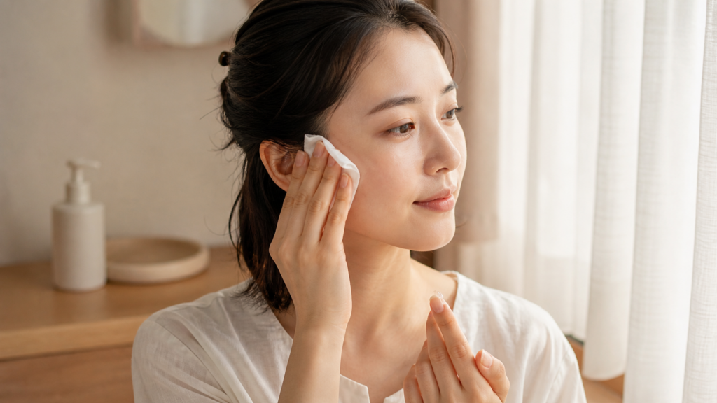 もみあげ脱毛後に冷却パッドと保湿剤で肌をケアする日本人女性